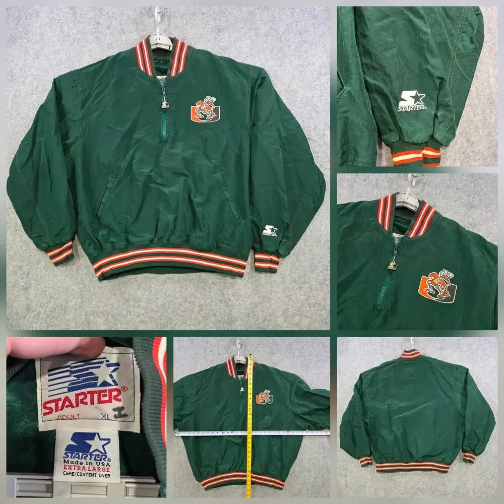 Vintage Miami Hurricanes Jacket Mens XL Green NCAA Football Starter Pullover 90s